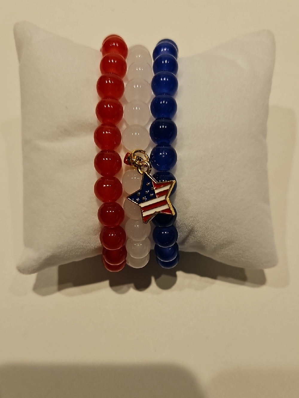 Patriotic Red White Blue 8mm Glass Beaded Bracelet Set w/Star Charm